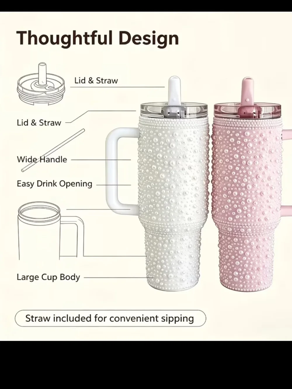 Pearl Rhinestone 40oz Tumbler with Handle - Pink and White